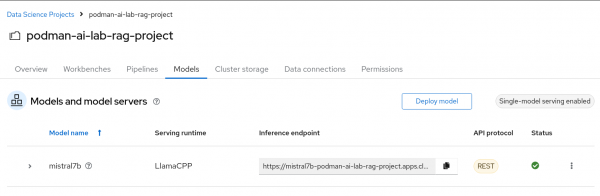 OpenShift AI web console -> Data Science Projects -> podman-ai-lab-project ->Models -> mistral7b model deployed successfully.