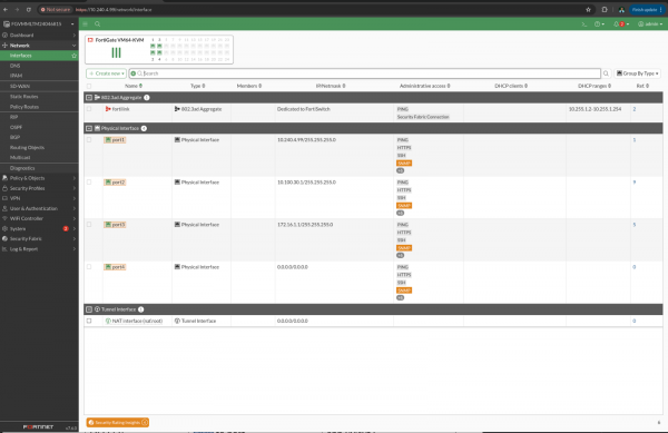Network tab of the FortiGate-VM WebUI Dashboard
