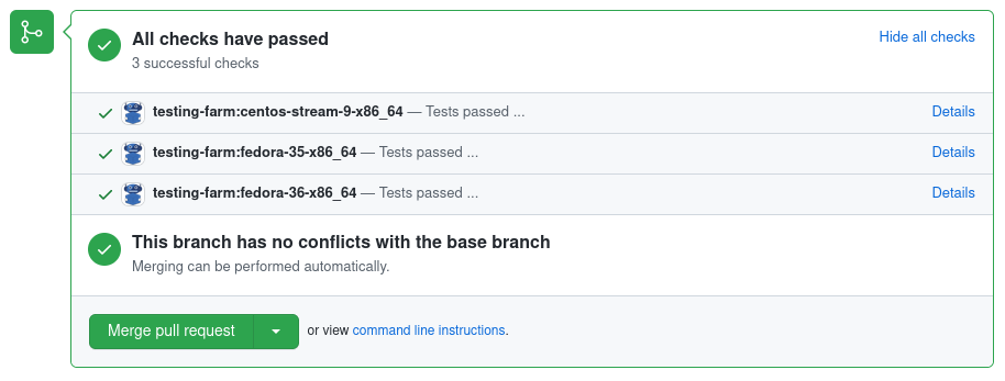Packit creates commit checks that show results of the tests with links to details.